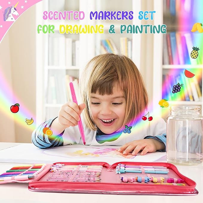 Fruit Scented Markers Set 56Pcs with Glitter Unicorn Pencil Case & Stationery,Art Supplies for Kids Ages 4-6-8, Art Coloring Kits Box,Gifts Toy for Girls Age 5,7,Pencil&Crayon Drawing Stuff