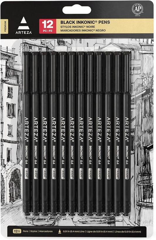 ARTEZA Black Inkonic Fineliners Pens, Set of 12, 0.4 mm Fine Tip Markers, Water-Based Art Pens for Drawing, Sketching, Journaling, Calligraphy