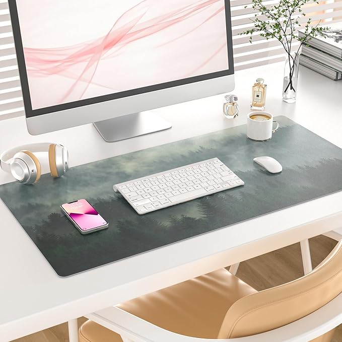 Colorful Star Large Mouse Pad, PU Leather Waterproof Desk Mat, Computer Gaming Mouse Pad, XXL Full Desk Mousepad Non Slip Desk Pad for School Office Home 31.5" x 15.7" - Foggy Forest Valley