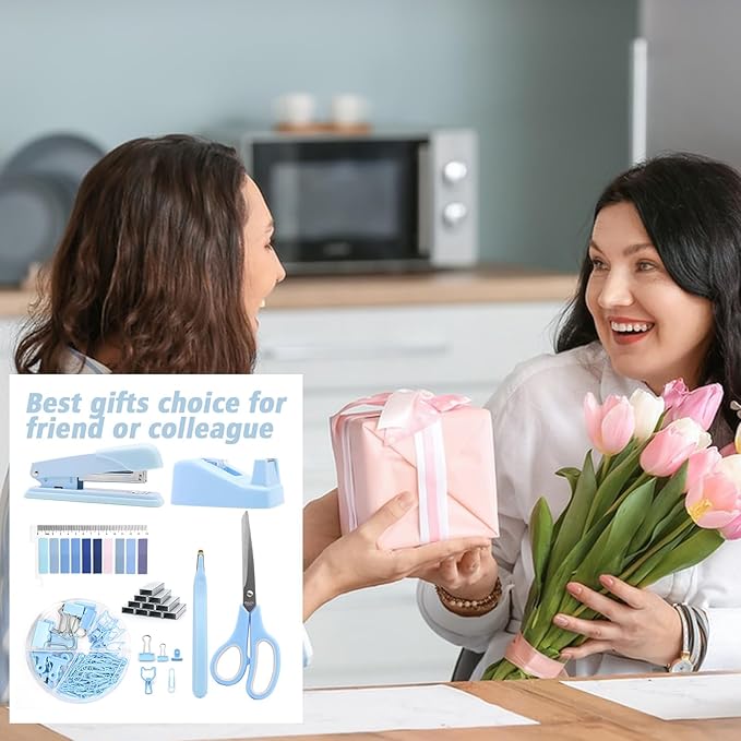 OfficeMate Stapler & Tape Dispenser Set - Blue Desk Accessory Kit, Gift for Students, Women, Coworkers, Boss Lady, Office Clerks