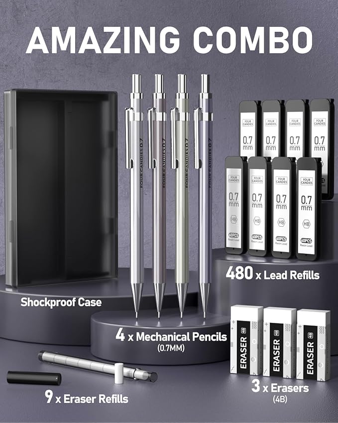Four Candies 0.7mm Mechanical Pencil Set with Case - 4PCS Metal Mechanical Pencils, 8 Tubes HB #2 Lead Refills, 3PCS 4B Erasers and 9PCS Eraser Refills, Lead Mechanical Pencils for Writing & Drawing