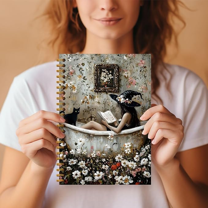 Witchy Notebook, Vintage Floral Black Cat Witch Journal Notebook, Dark Academia Gothic Notebook Journal, Witch Gifts, Witchy Gifts for Women, Goth Office Supplies, Spiral Notebook 5.5x8.3 Inch