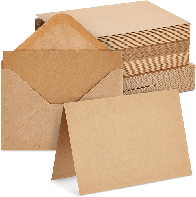 Wedding Card Set - 48 Count, 4 x 6 In Brown Kraft Cardstock - Blank Greeting Notes & Envelopes for DIY Invitations & Birthday Wishes