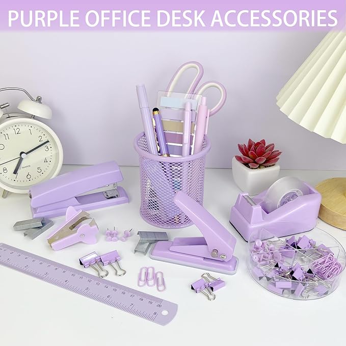 Purple Desk Accessories Set - 16 Pcs Purple Office Supplies with Stapler, Tape Dispenser, Pen Holder, Staple Remover, Hole Punch, Staples Aesthetics Desk Sets for Office, Home, School Women