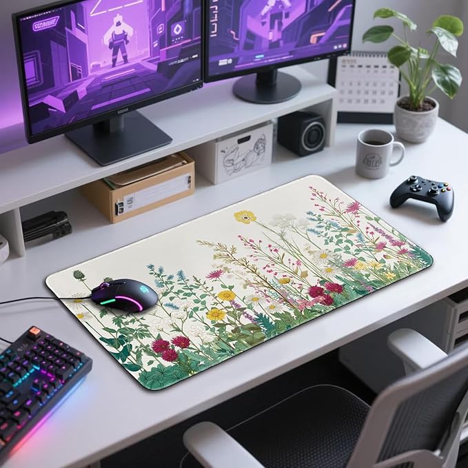 Wildflower Garden Large Gaming Mouse Pad 31.5"x15.7"｜ XXL Desk Mat, Non-Slip Rubber Base & Stitched Edges - Extended Waterproof Mousepad for PC/Laptop/Office/Home Decor