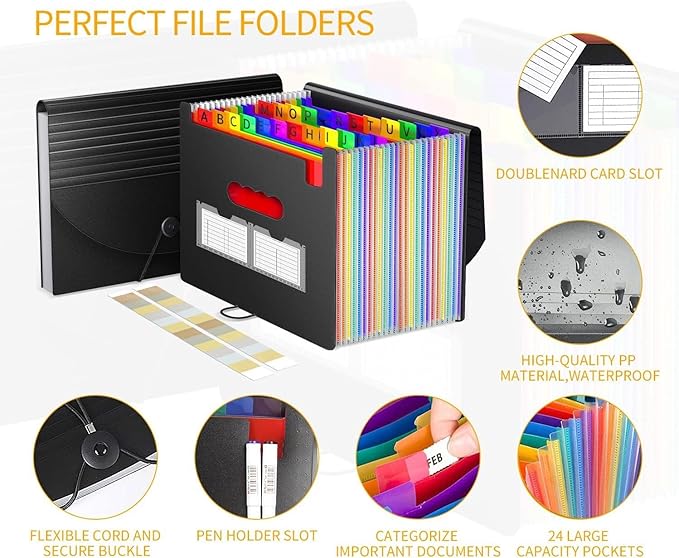 Accordion File Organizer Expanding File Folders,25 Pockets Document Organizer,Plastic Accordian File Folder,Expandable Bill Paper Documents Receipt Filing Box,A4 / Letter Size,2 Colored Tabs