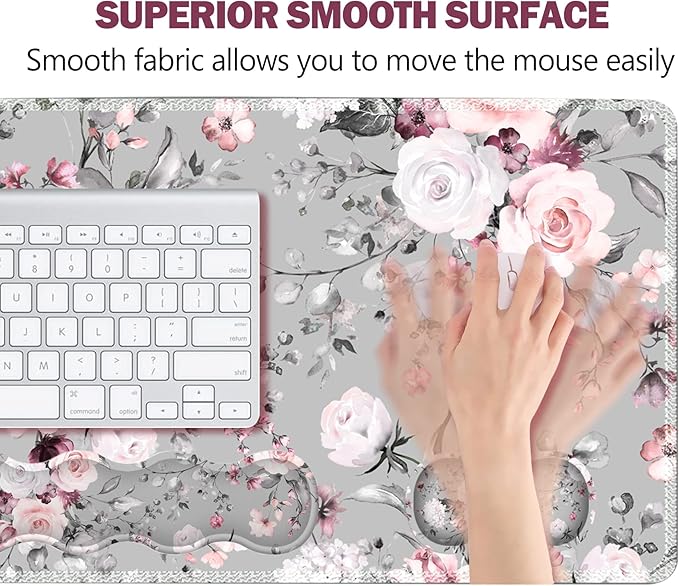 Upgraded Extended Gaming Mouse Pad, Keyboard Wrist Rest Pad, Wrist Support Mousepad Set, Artso Large Stable Rubber Base Stitched Edges, Multifunctional Desk Pad (35 x15.5 in) for Work, Game, Grey Rose