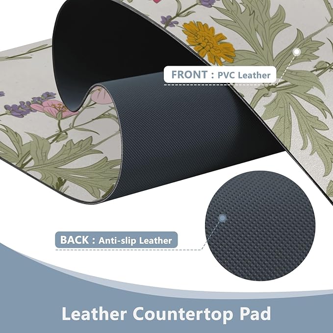 Mouse Pad Desk Mat Leather Desk Pad Large Gaming Desk Cover Protector Mat for Keyboard Computer Laptop Office Waterproof 35.4 x 16.5 Inch Simple Flowers Beige