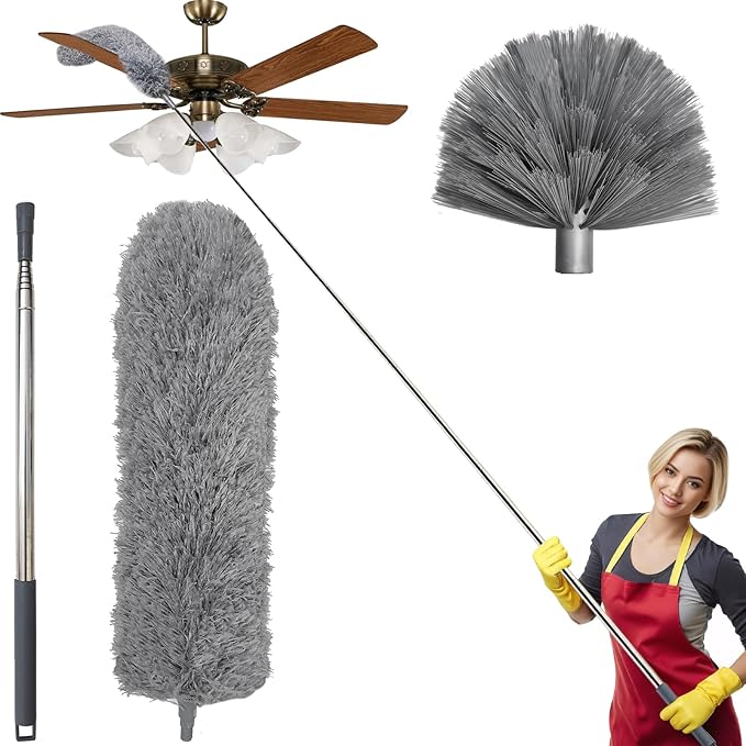 100 Inch Cobweb Duster, Spider Web Brush & Microfiber Feather Duster with 100" Extension Pole, Bendable Head, Scratch-Resistant Cover, Washable Duster for Home Ceiling, Fan, Furniture (Gray)
