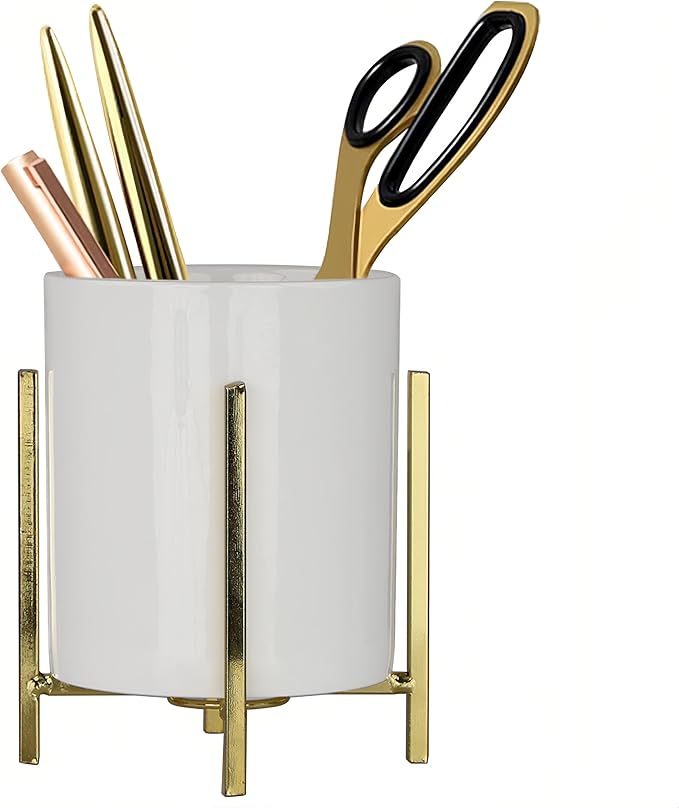 4.72" Gold Pen Holder Aesthetic Pencil Holder for Desk, Gold Desk Organizers and Accessories for Women Girls, Ceramic Pen Holder for Office
