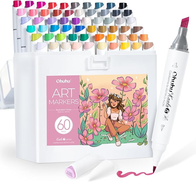 Ohuhu Alcohol Markers: Mini Brush & Slim Broad 60 Illustration Colors Dual Tip Brush Tip Alcohol-based Art Marker for Artists Adults Coloring Illustration- Refillable - Kaala B Series of Ohuhu Markers
