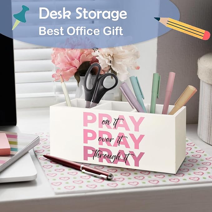 SNNDER Christian Pen Holder for Desk, Prayer Christian Gifts for Women, Pray on It Pray Over It Pray Through It Wooden Pen Pencil Holder Organizer for Home Office Desk Accessories