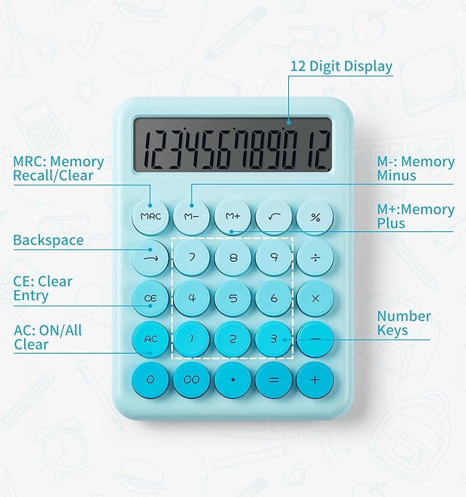 Desk Cute Blue Calculator with Big Buttons, Calculators Desktop, 12 Digit with Large LCD Display, Basic Standard Calculator,Mechanical Switch Aesthetic Calculators Office Supplies for Home and School