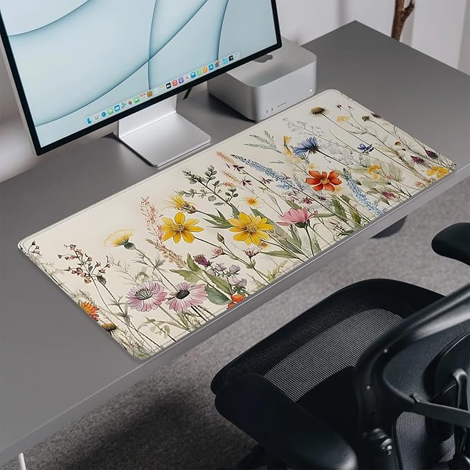 Watercolor Plant Sunflowers Desk Pad Mouse Pad,Floral Prints Extended Large Gaming Mouse Mat with Stitched Edges,Non-Slip Waterproof Rubber Base Mousepad for Office Work Home(27.5X11.8 in)
