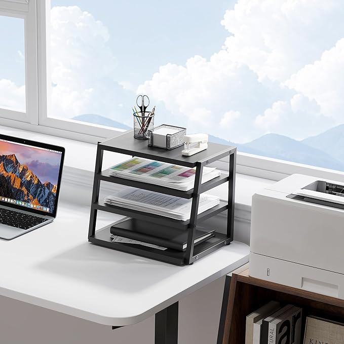 Fenge Desk Shelf Organizer, 4 Tier Desktop Shelf, Wood and Metal Office Shelves, Corner File Organizer for Office Supplies, Top of Desk Organizers and Accessories