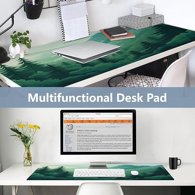 Mouse Pad Desk Mat Leather Desk Pad Large Gaming Desk Cover Protector Mat for Keyboard Computer Laptop Office Waterproof 35.4 x 16.5 Inch Green Forest Trees