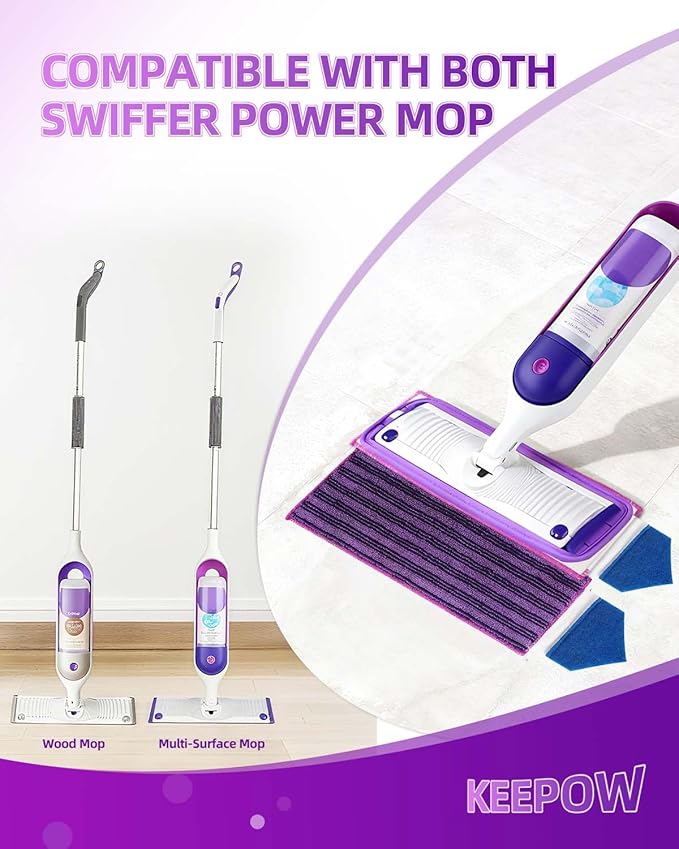 KEEPOW Reusable Power Mop Refill Pads with Scrubbing Pads Compatible with Swiffer PowerMop Microfiber Power Mop Refills Power Mop Pads Replacement for Hardwood Floor Cleaning, 2 Pack