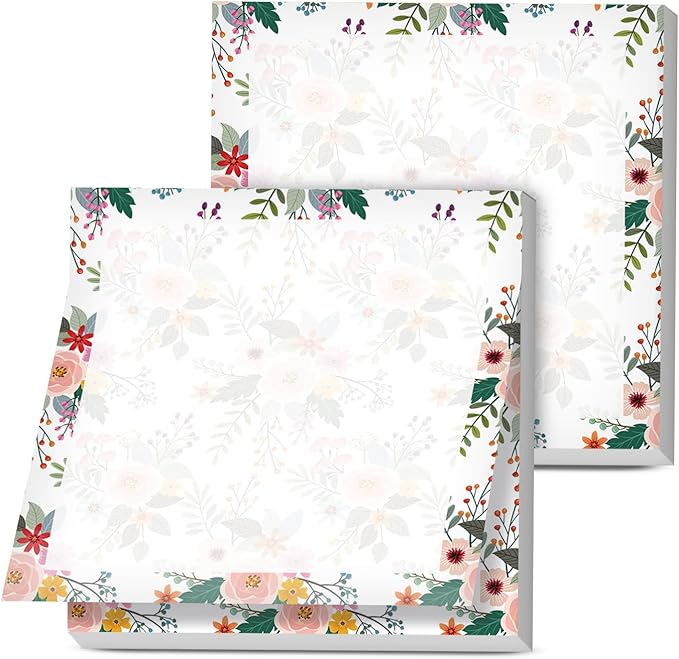 Sticky Notes, 2 Pads, 3x3 inches, Cute Colorful Fun Self-Stick Note Pads, Easy Post, Strong Adhesive Notepad Pink Mint Floral