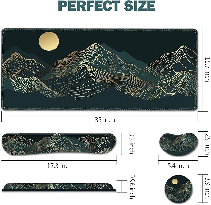 AIMSA Keyboard & Mouse Pad Set, Extended Desk Mat + Ergonomic Mouse & Keyboard Wrist Rest Support, 35x15.7in Abstract Gold Sun Mountain