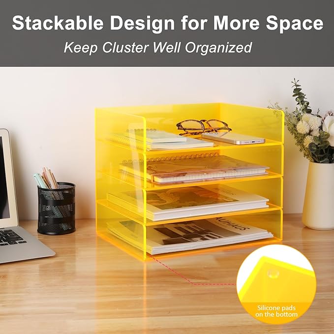 Acrylic File Organizer for Desk 4 Tiered Stackable Letter Tray Office Paper Storage Desktop Document Sorter, Neon Yellow