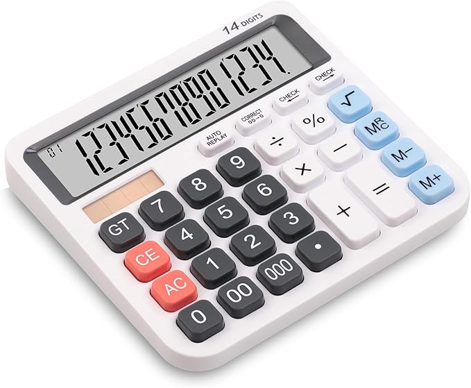 Standard Desktop Calculator, Dual Power (Solar & AA Battery), 14-Digit Large Display, Multifunctional Office Calculator (White)