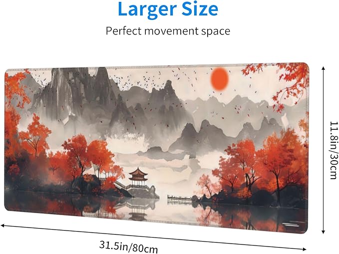 Autumn Landscape Ink Painting Large Mouse Pad, Japanese Anime Gaming Desk Mat, XL Keyboard Desk Pad Mat for Desktop, 31.5"x11.8" Non-Slip Base Big Mousepad with Stitched Edges