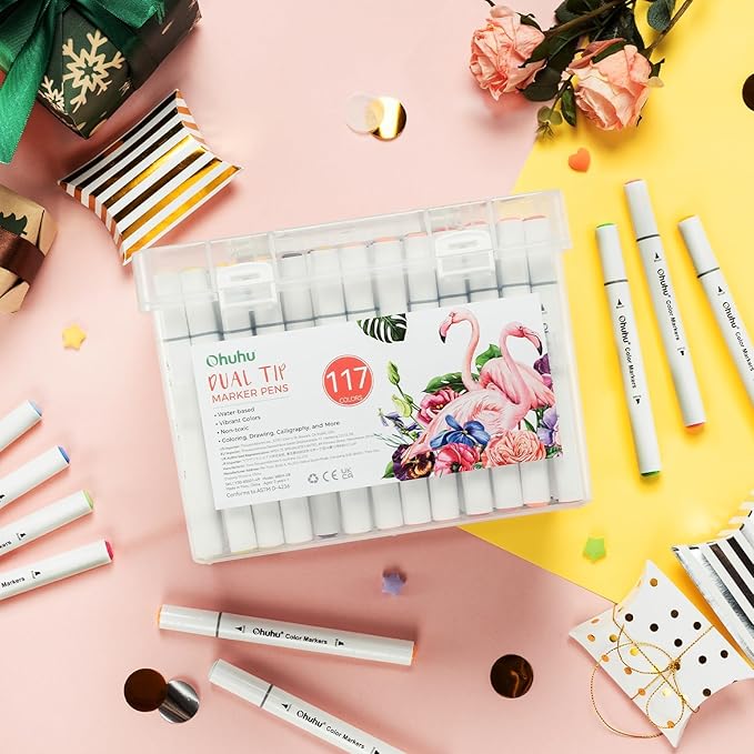 Ohuhu Markers for Adult Coloring Books No Bleeding 116 Colors Water-based Dual Tips Brush & Chisel Coloring Markers for Kids Adults Beginners Drawing Pens for Journaling Lettering