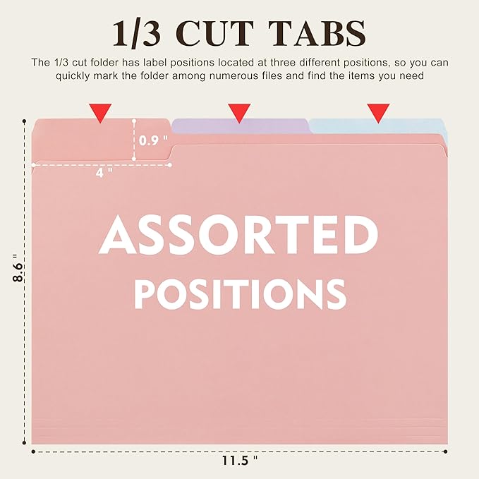 Color File Folders, 1/3-Cut Tabs, Letter Size, 6 Colors Organizer File Folders for School Home Office Business (60, Pastel Colors)