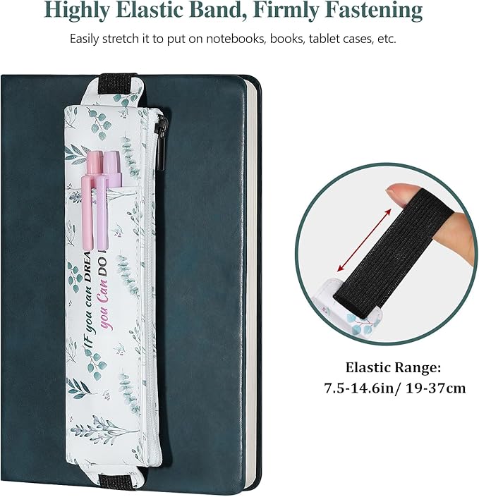 MoKo Elastic Pen Holder for Notebook, 4 Pieces PU Leather Pencil Case with Pocket Adjustable Band, Stationery School Supplies Zipper Bag for Planners, Journals, Book