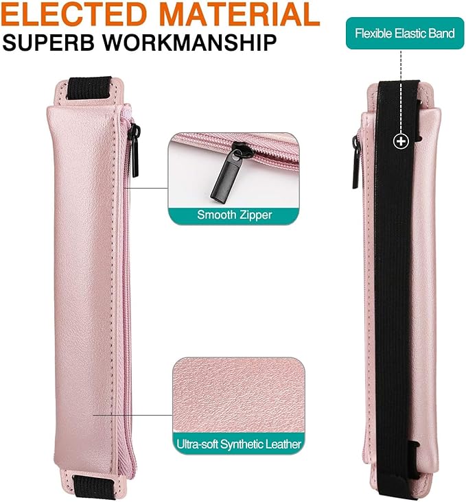 MoKo Pencil Case (2 Pack), PU Leather Pen Pencil Pouch Holder Stationery Zipper Bag with Elastic Strap for Pens, Pencils, Markers, Eraser - GoldPink & Dark Blue