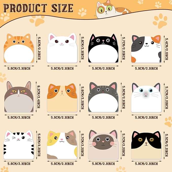 Yinder 24 Pads Cute Sticky Notes Kawaii Fun Animal Sticky Notes Pads Bulk Cartoon Memo Self Adhesive for Veterinary Gift Office School Tab Party Supplies(Cats)