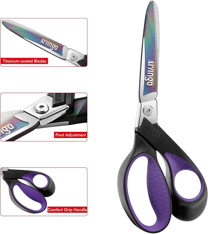 LIVINGO Industrial Scissors all Purpose: 9" Professional Heavy Duty Shears Sharp Stainless Steel - Forged Titanium Coated Scissors for Fabric Sewing Carpet Workshop Outdoor Home Office Purple/Black