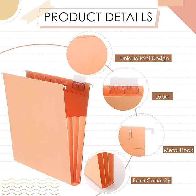 Yaomiao 24 Pack Hanging File Folders 3 Pleats Letter Size File Cabinet Folders with 1/5-Cut Adjustable Tabs Expandable Document Cabinet Colored for Home Desk Office Organization(Warm Color)