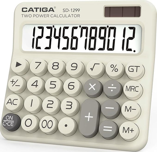 CATIGA Mechanical Switch Calculator with Solar and Battery Dual Power, 12-Digit Large LCD Display, Aesthetic and Cute Desktop Calculator with Big Button, for Home, School and Office Use, SD-1299