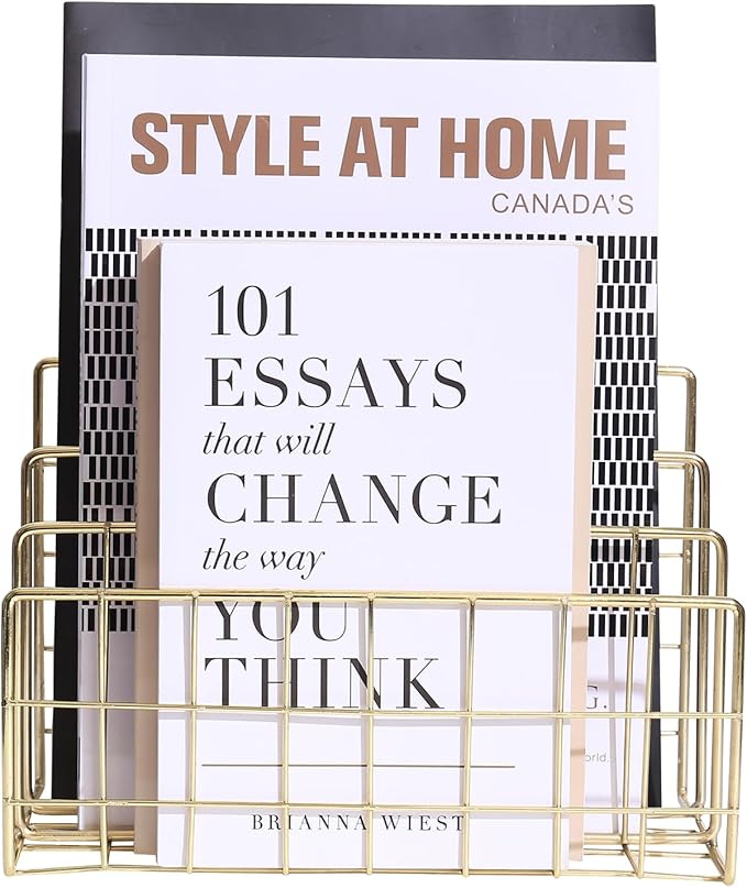 Metal File Organizer, 3 Vertical Sections, Desktop Paper/Mail/Letter/Record Holder, File Folder Holder Stand Rack Sorter for Office Desk Organization and accessories & supplies (Gold)