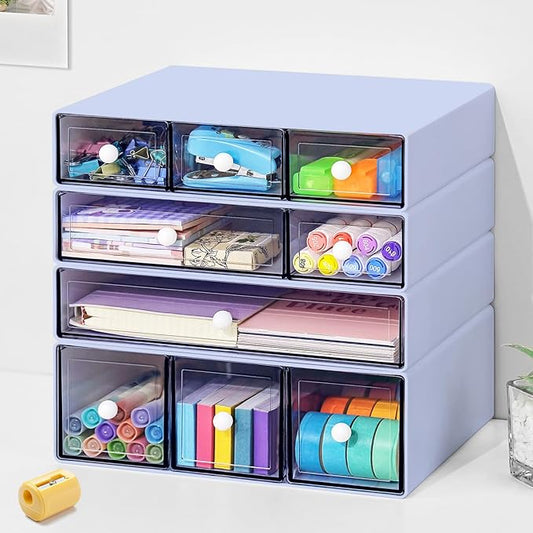 Desk Organizer with 9 Drawers, 4 Tier Plastic Stackable Storage Drawers for Desk Storage, Office Stationary Makeup Organizer Suit for Home, Office and School