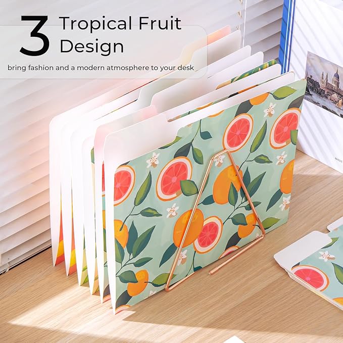 Y YOMA 12 Pack Decorative File Folders Letter Size File Folder with 1/3-Cut Tab Cute Pretty Colored Heavyweight Filing Folder File Organizers for Office School Home Desktop, Tropical Fruits