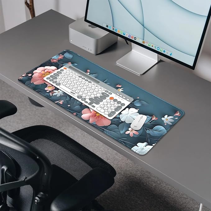 Blue Art Flowers Mouse Pad,Extended Abstract Floral Mousepad Desk Pad with Stitched Edges,Non-Slip Waterproof Rubber Base Mouse Mat for Office Computer Keyboard Laptop Home(27.5x11.8 in)
