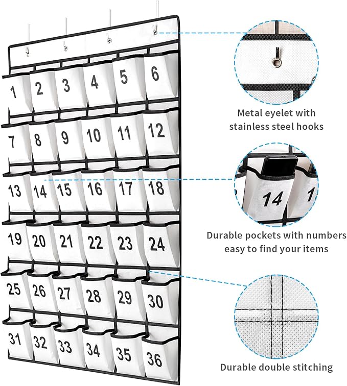 36 Pockets Numbered Classroom Pocket Chart for Cell Phones, Hanging Pocket Chart Storage for Classroom Phone Calculator Holder with 4 Stainless Steel Hooks (White-36pockets)
