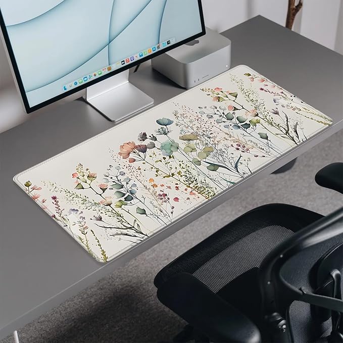 Watercolor Plant Flowers Desk Pad Mouse Pad,Floral Prints Extended Large Gaming Mouse Mat with Stitched Edges,Non-Slip Waterproof Rubber Base Mousepad for Office Work Home(27.5X11.8 in)