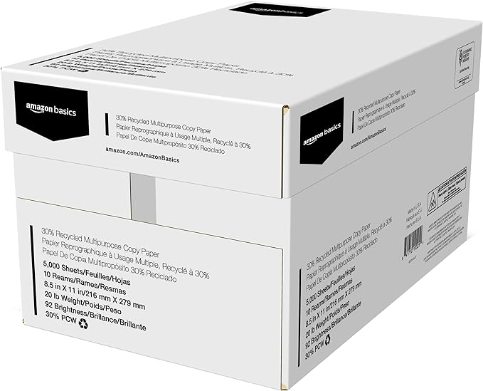Amazon Basics 30% Recycled Multipurpose Copy Printer Paper, 8.5 x 11 Inches, 20 lb, 10 Ream, (5,000 Sheets), 92 Bright, White