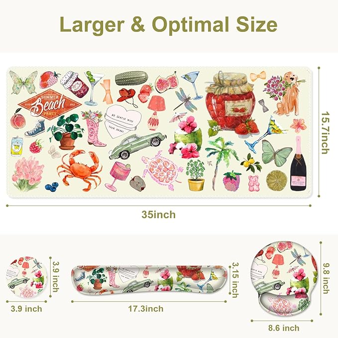 Mouse Pad, 4 in1 Large Desk Mat, Desk Pad Matt for Desktop, Anti-Slip XXL Big Computer Ergonomic Mousepad with Wrist Support for Keyboard and Mouse for Women I Watercolor Stickers