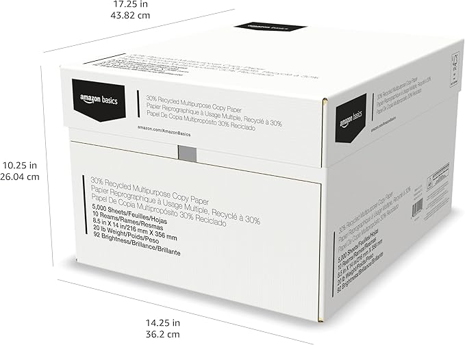 Amazon Basics 30% Recycled Multipurpose Copy Printer Paper, 8.5 x 14 Inches, 20 lb, 10 Ream, (5,000 Sheets), 92 Bright, White