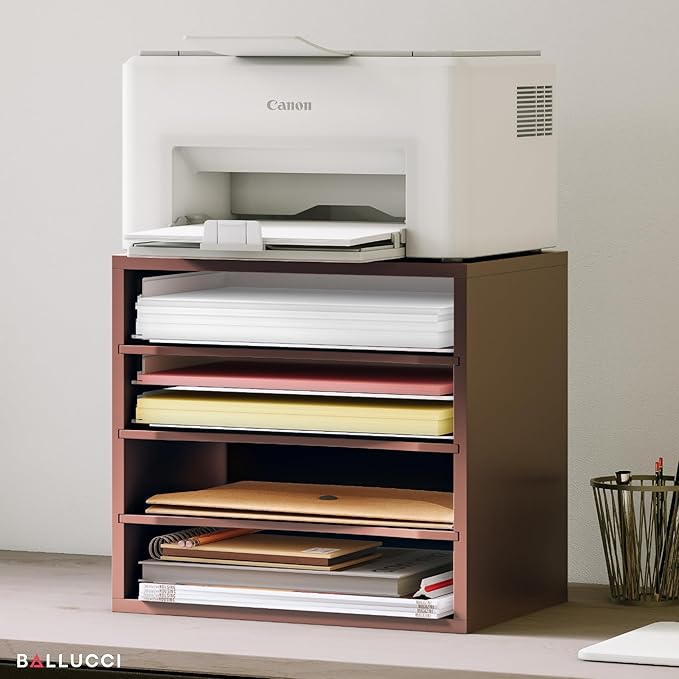Ballucci 4-Tier Paper Organizer, Desk File Organizer, Stackable Letter Tray, Wood Mail Sorter with Adjustable Storage Shelves, Office Desk Organizer, Dark Brown