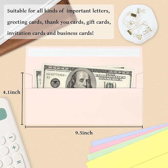 100 Pack Colorful #10 Business Envelopes, Standard Envelopes Self Seal, Letter Size Business Mailing Envelopes for Checks Letters Invoices Birthday Graduation Wedding, 4 1/8 x 9 1/2 Inch