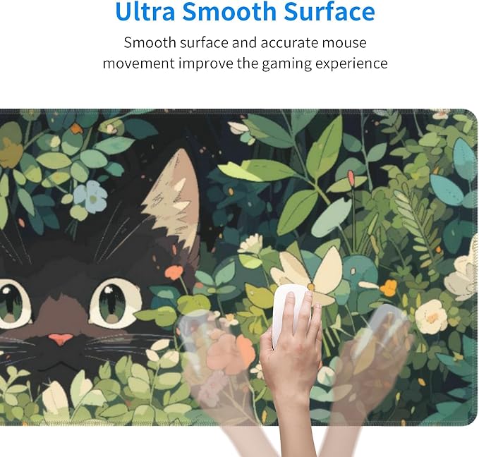 Cat Hiding in Flowers Large Mouse Pad, Anime Style Gaming Desk Mat, XL Keyboard Desk Pad Mat for Desktop, 31.5"x11.8" Non-Slip Base Big Mousepad with Stitched Edges