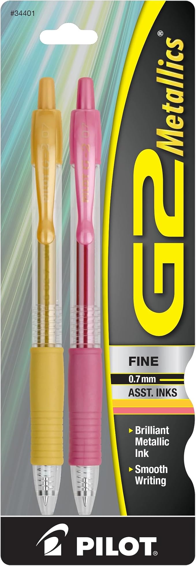 PILOT G2 Metallics Refillable & Retractable Rolling Ball Gel Pens, Fine Point, Assorted Color Inks, 2-Pack (34401)