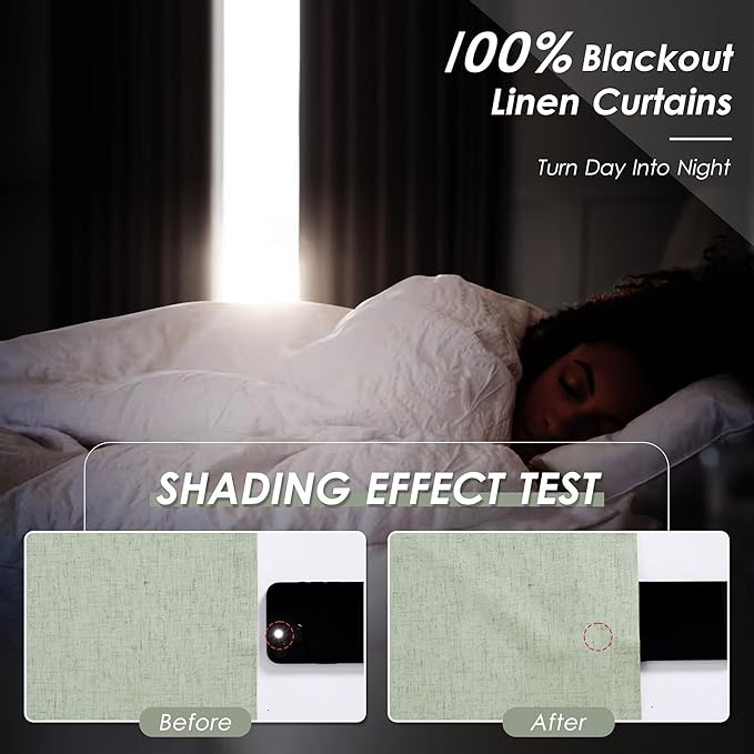 Blackout Light Sage Linen Curtains 96 Inches Long Back Tab Heat Reflective Full Light Block Out Curtain 2 Panels for Bedroom Window Textured Long Draperies with Liner Floor to Ceiling Length 52x96