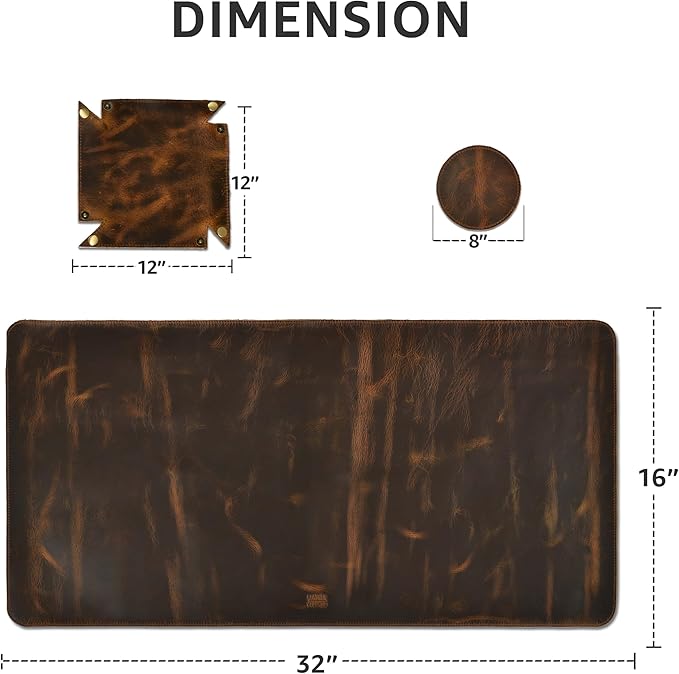 LEATHER VILLAGE -32X16 Real Leather Desk Mat for Desktop & Laptop, with Leather Tray & Tea Coaster, 3mm Thick Desk Cover-Protector-Blotter- Brown Color