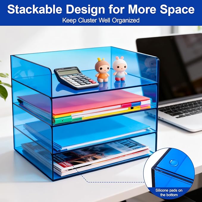 Gelite Acrylic File Organizer for Desk 4 Tiered Stackable Letter Tray Office Paper Storage Desktop Document Sorter, Blue